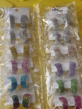 12 Pack Fashion Jewelry Pavé Crystal Huggie Hoops — Multicolor & Silver